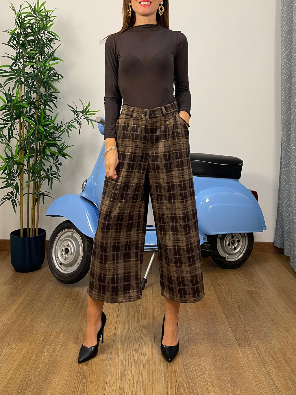 Pantalone Culotte Cropped a Quadri Plaid